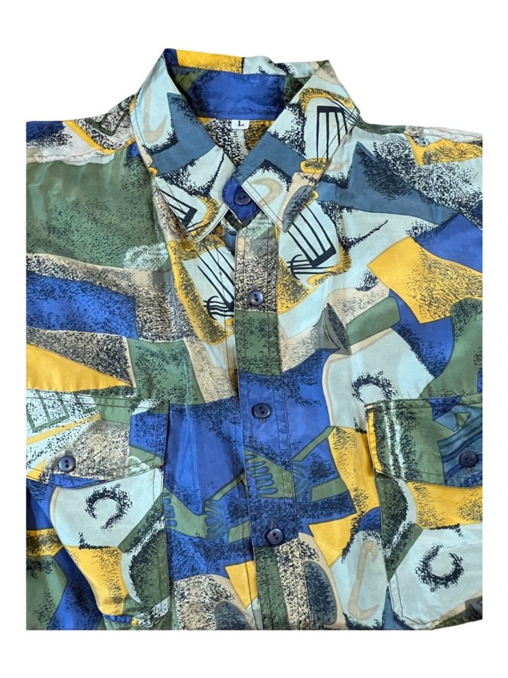Vintage 90s Silk Abstract Geometric Button Up Shirt Men’s Large Blue Green Print